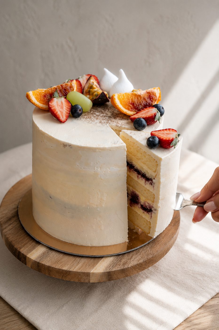 Klasszikus díszítésű torta — vajkrémes, friss gyümölccsel